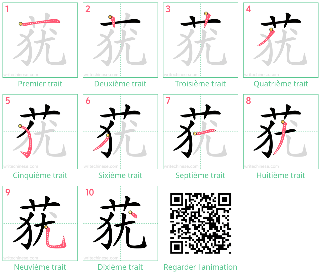 Diagrammes d'ordre des traits étape par étape pour le caractère 莸