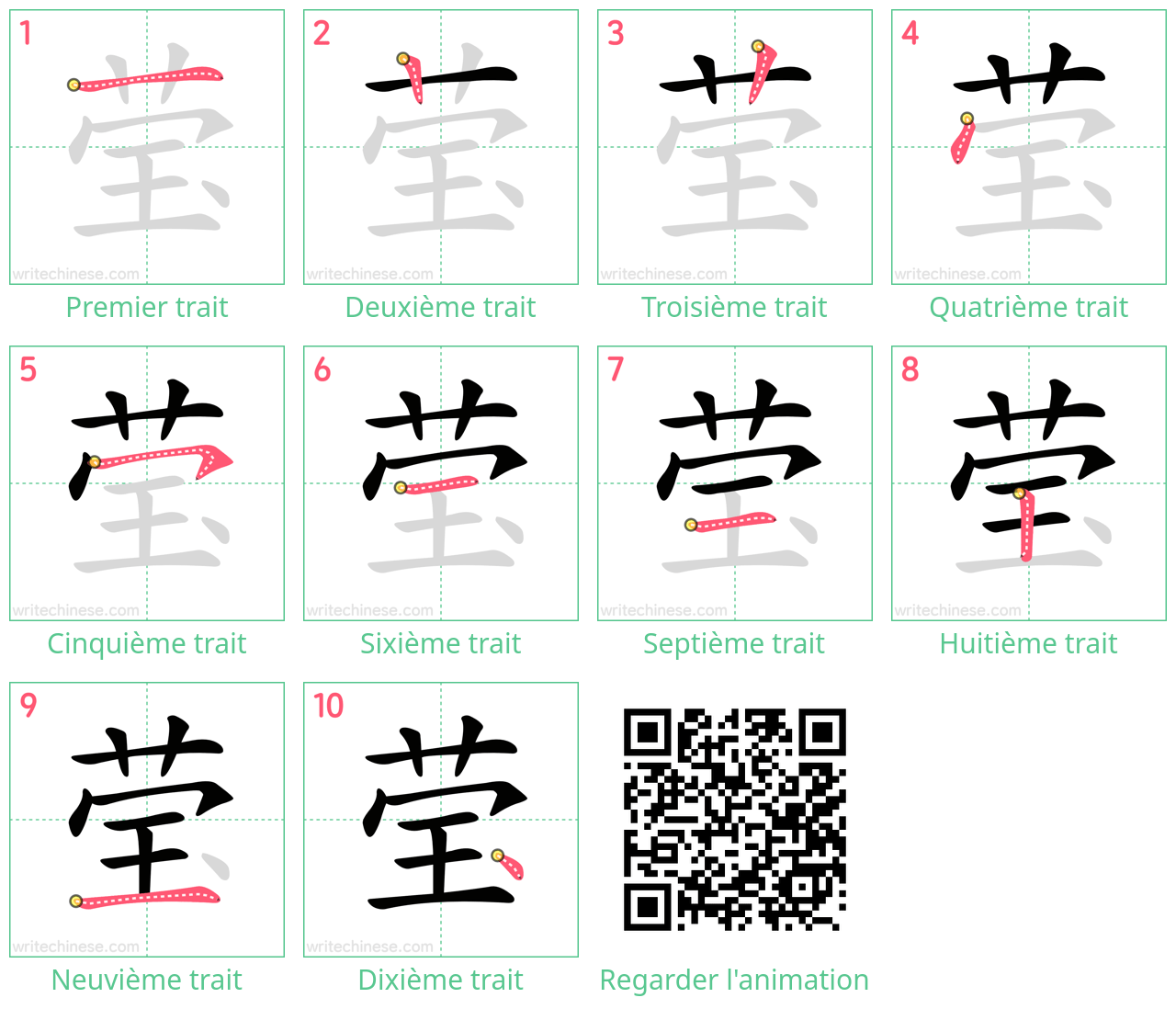 Diagrammes d'ordre des traits étape par étape pour le caractère 莹