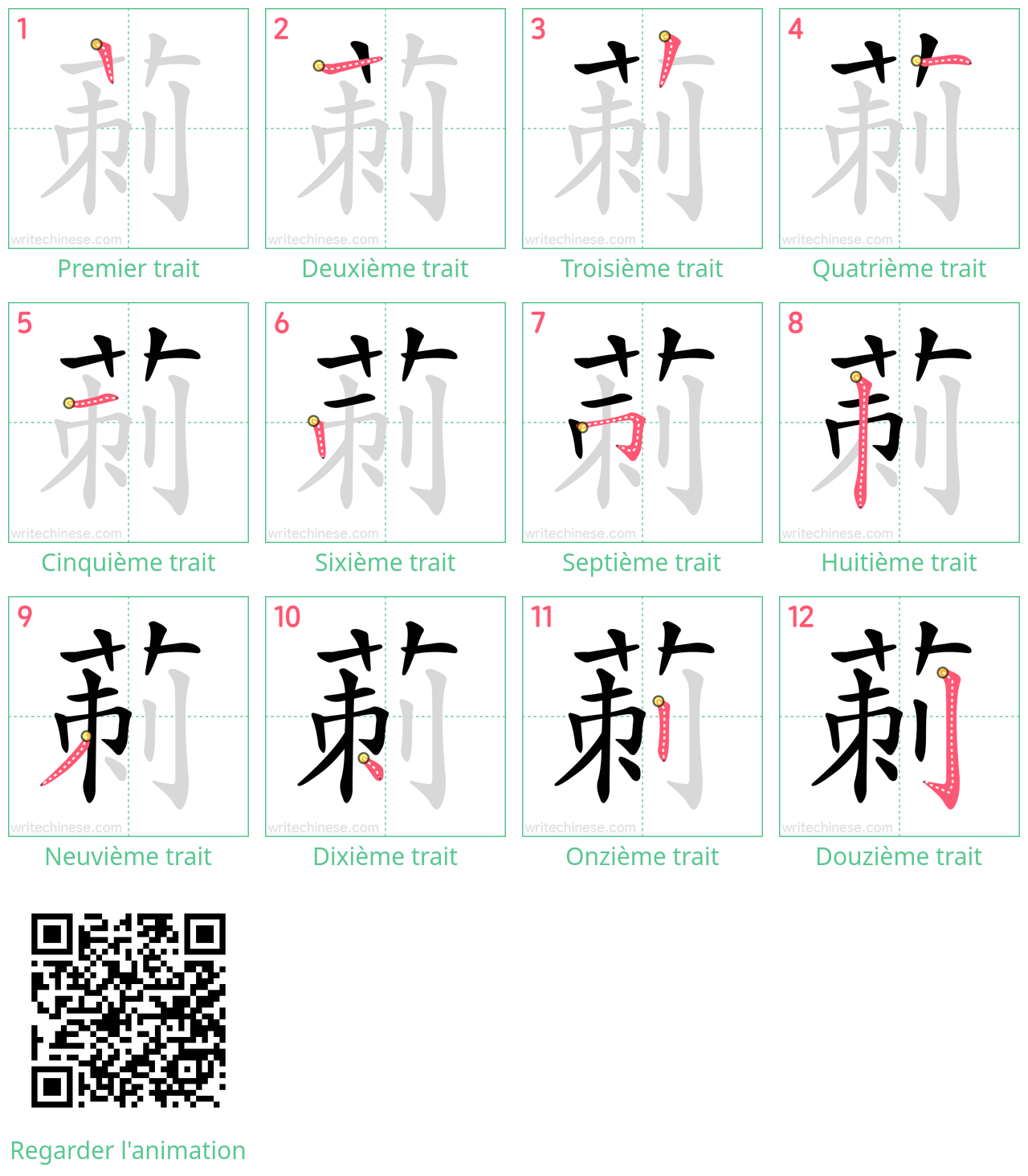 Diagrammes d'ordre des traits étape par étape pour le caractère 莿