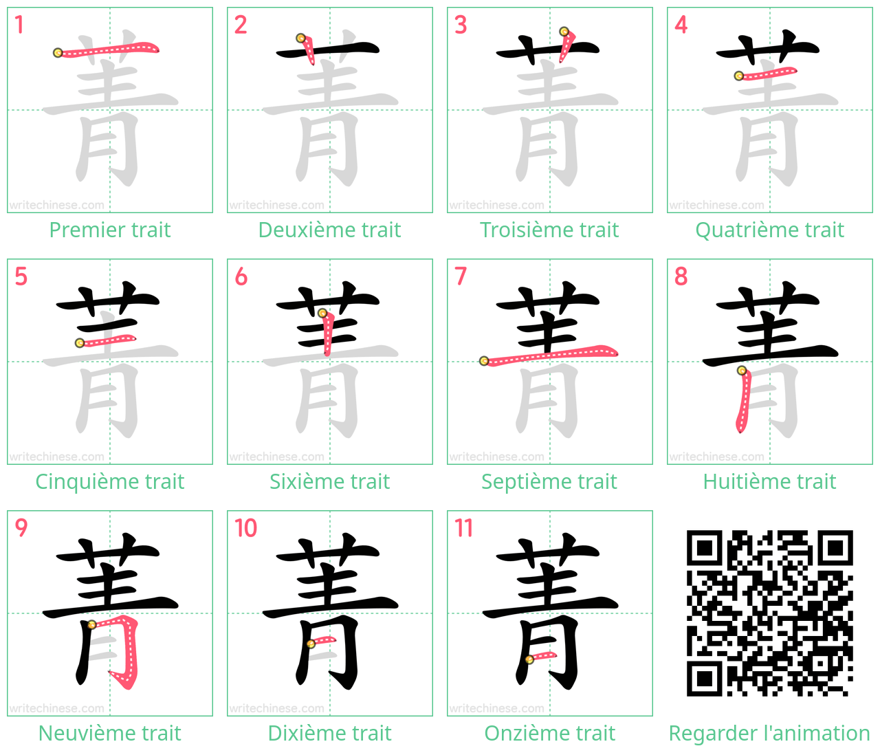 Diagrammes d'ordre des traits étape par étape pour le caractère 菁
