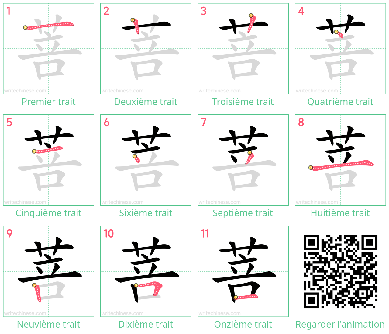Diagrammes d'ordre des traits étape par étape pour le caractère 菩