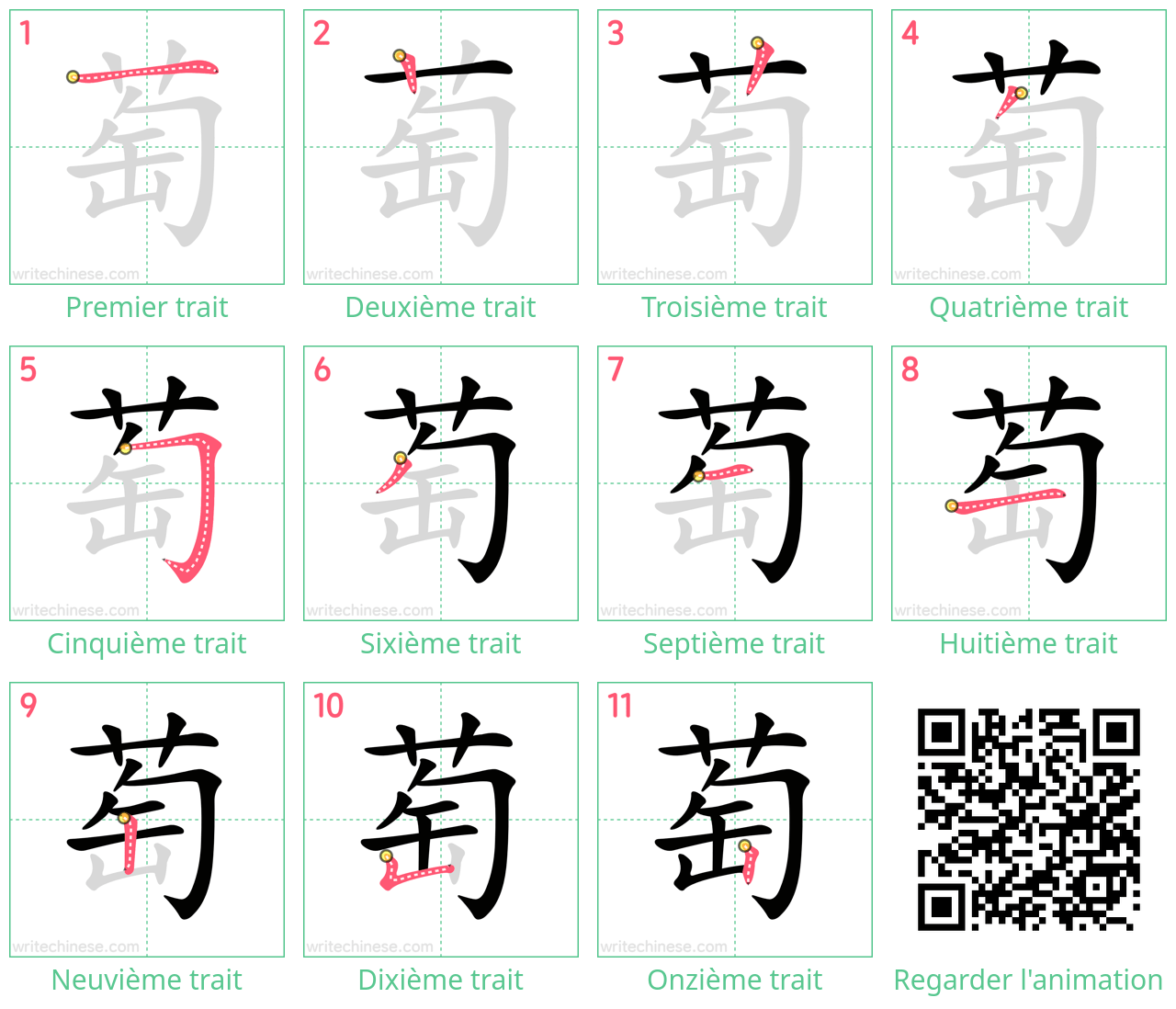 Diagrammes d'ordre des traits étape par étape pour le caractère 萄