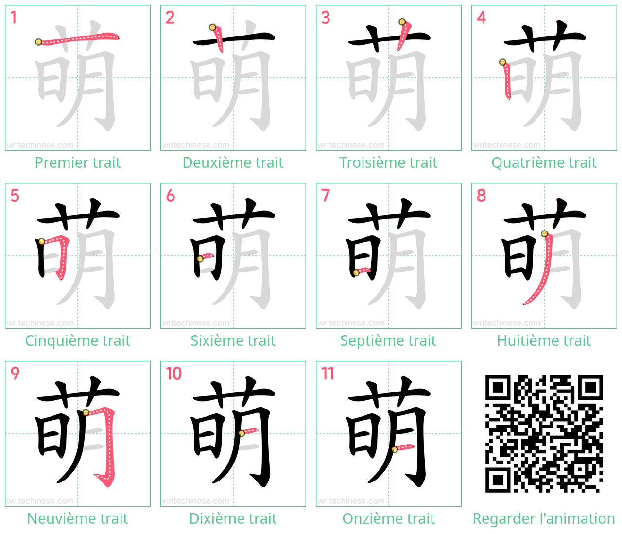 Diagrammes d'ordre des traits étape par étape pour le caractère 萌