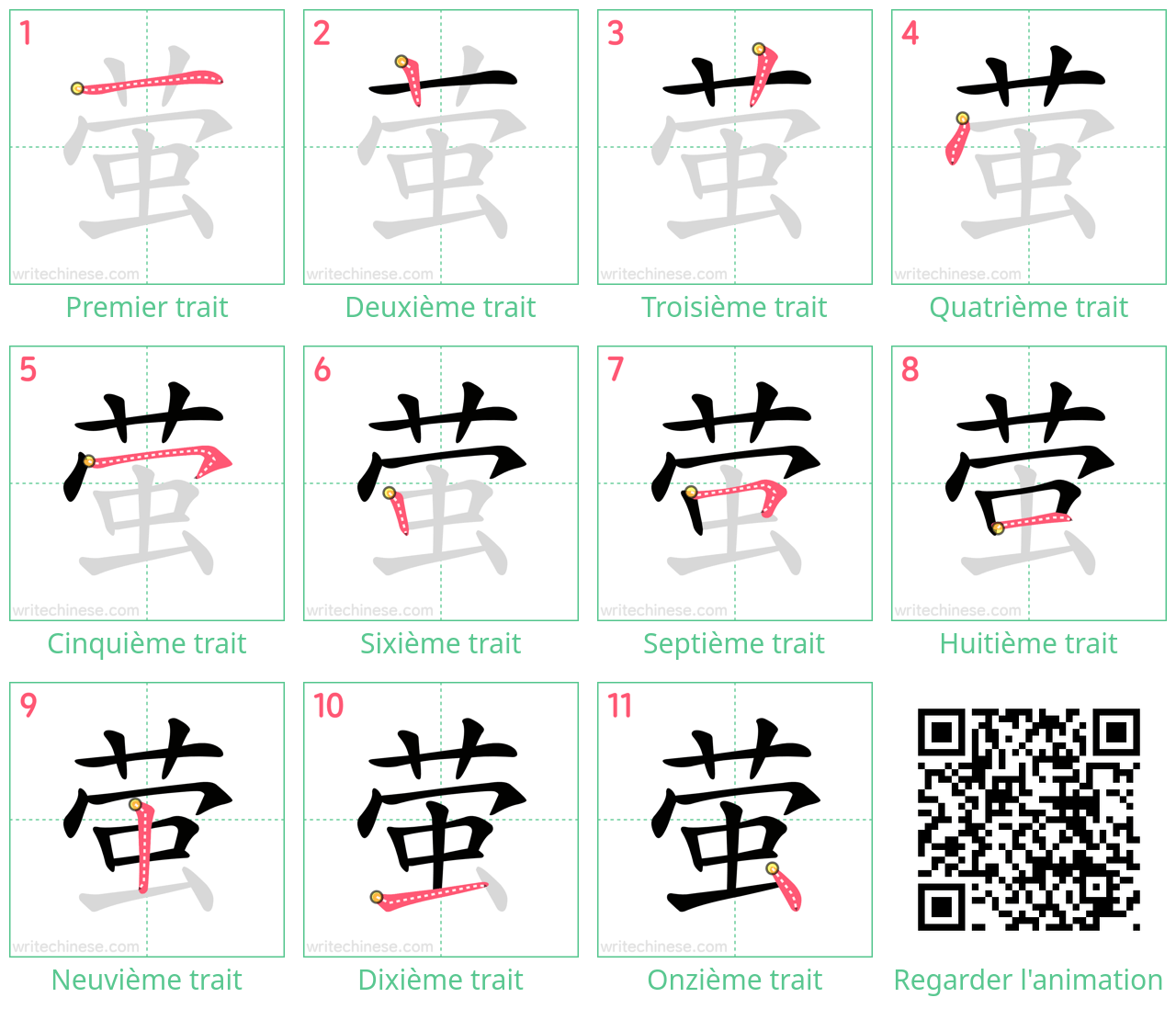 Diagrammes d'ordre des traits étape par étape pour le caractère 萤