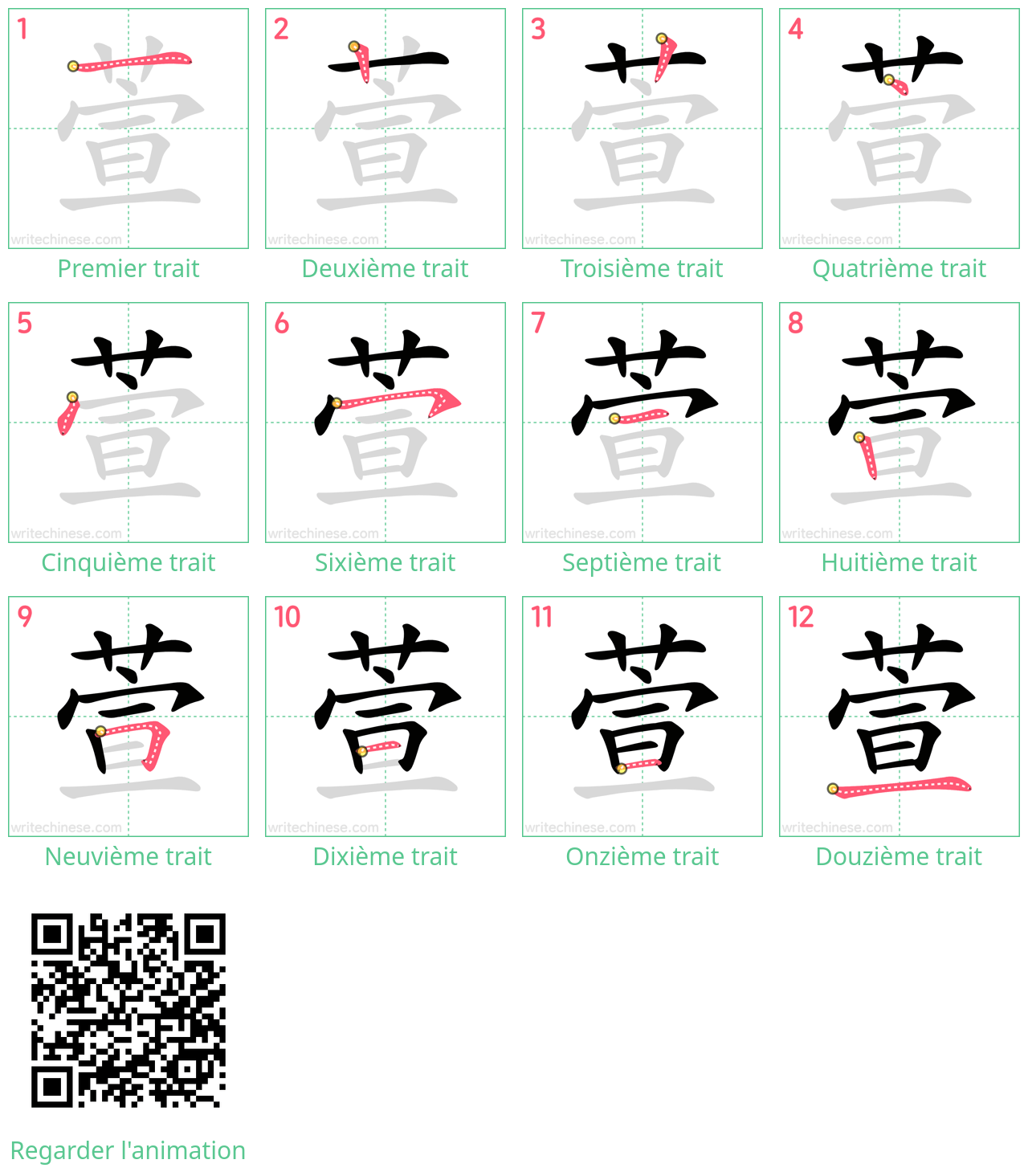 Diagrammes d'ordre des traits étape par étape pour le caractère 萱