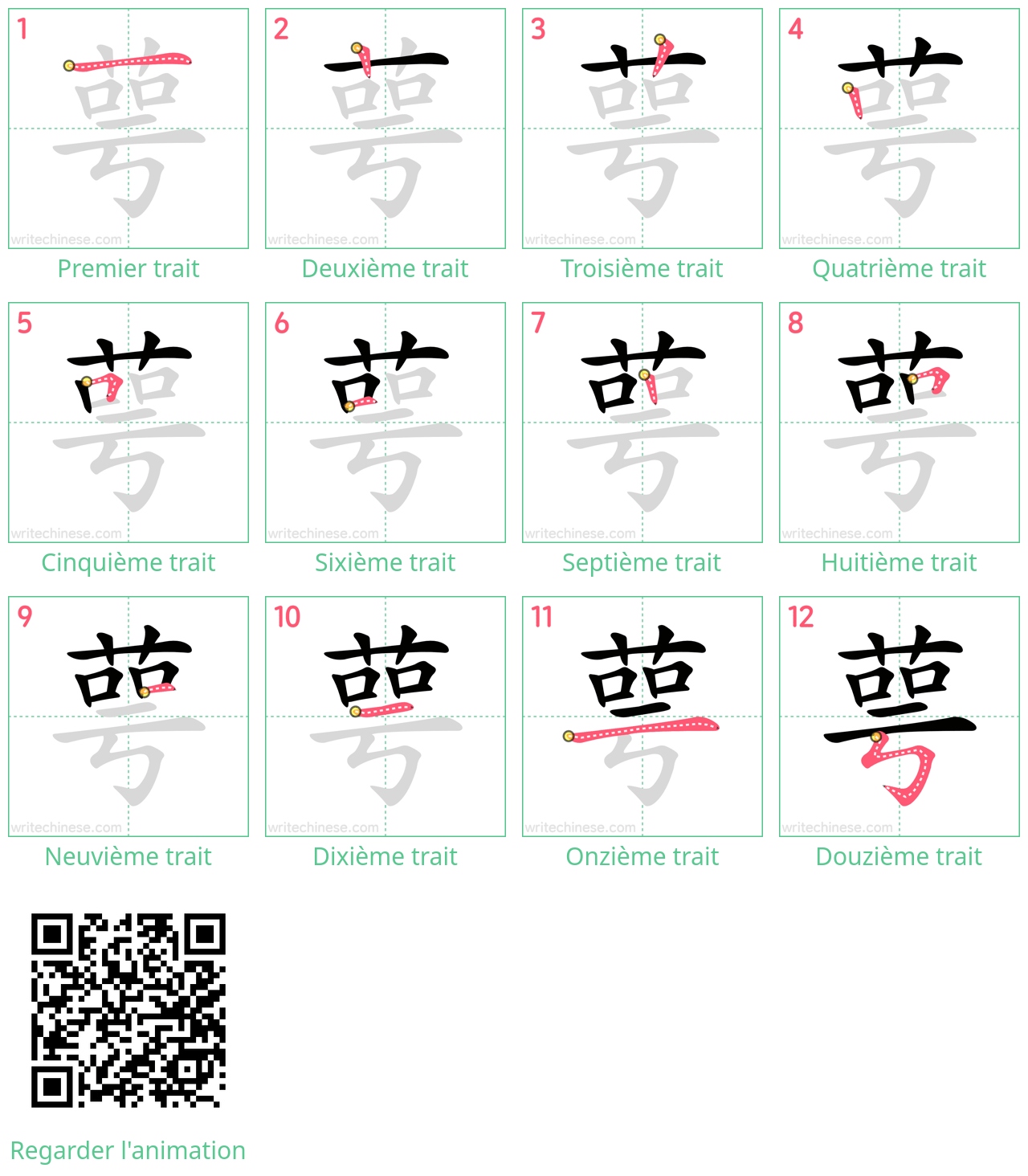 Diagrammes d'ordre des traits étape par étape pour le caractère 萼