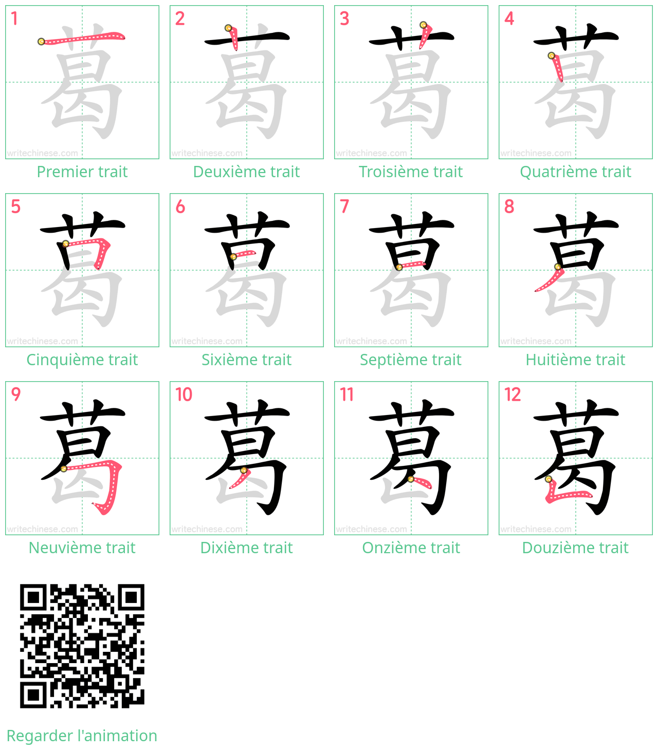 Diagrammes d'ordre des traits étape par étape pour le caractère 葛