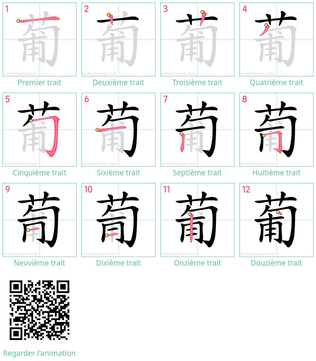 Diagrammes d'ordre des traits étape par étape pour le caractère 葡