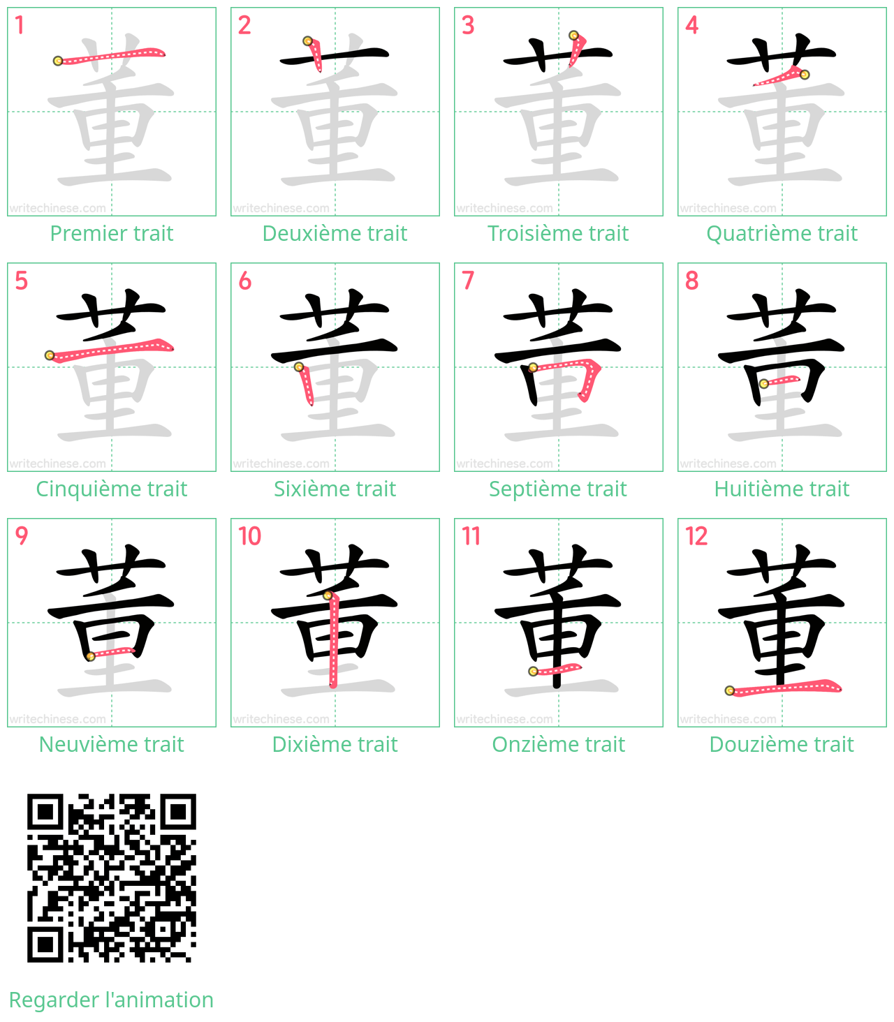 Diagrammes d'ordre des traits étape par étape pour le caractère 董