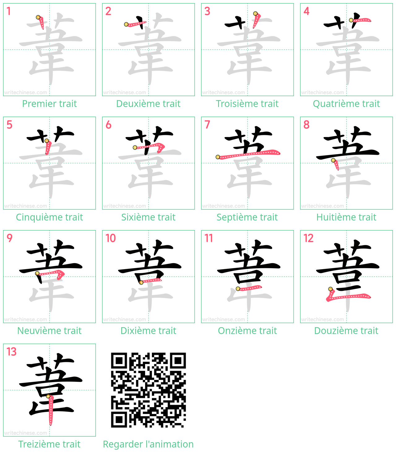 Diagrammes d'ordre des traits étape par étape pour le caractère 葦