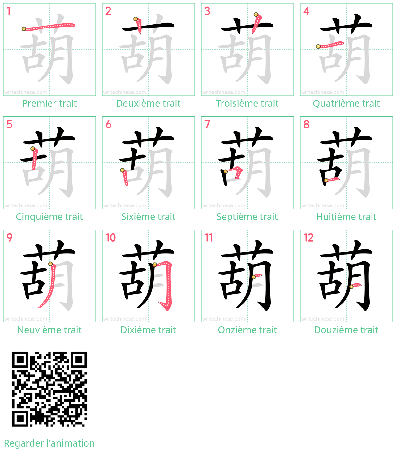 Diagrammes d'ordre des traits étape par étape pour le caractère 葫