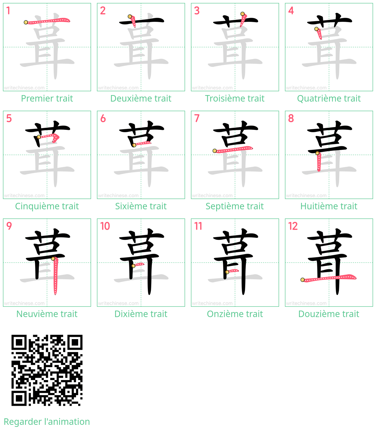 Diagrammes d'ordre des traits étape par étape pour le caractère 葺