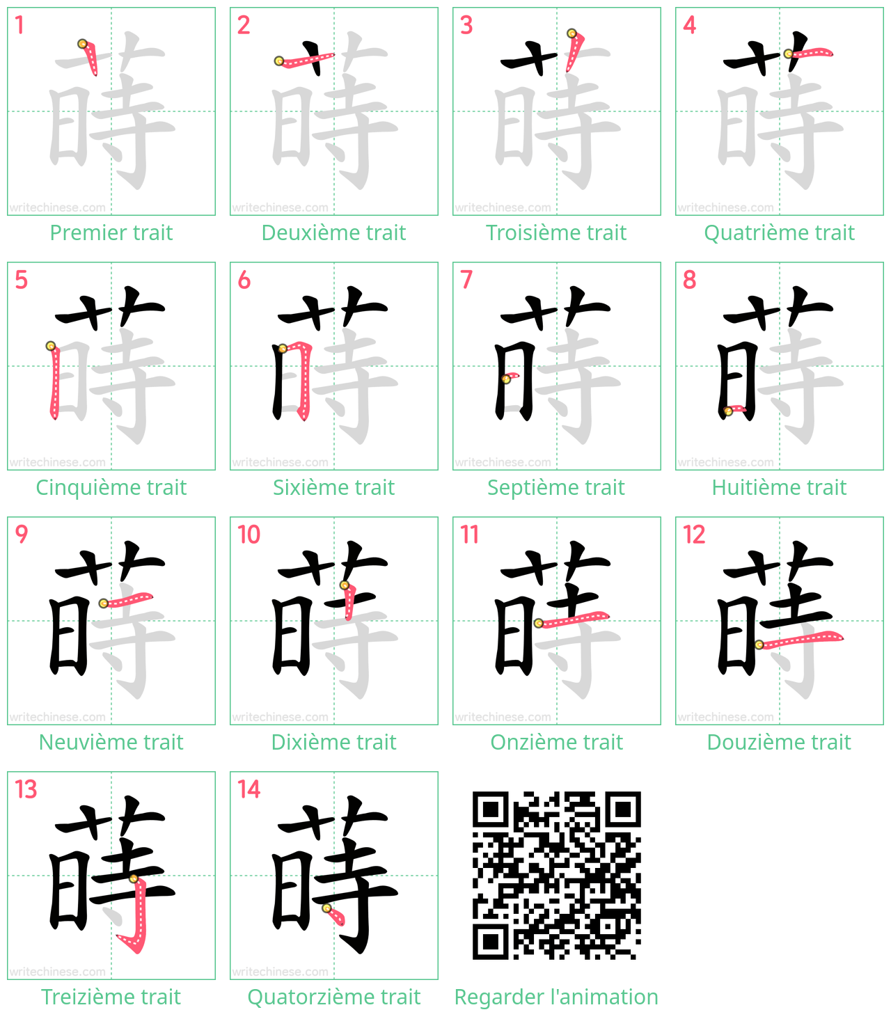 Diagrammes d'ordre des traits étape par étape pour le caractère 蒔