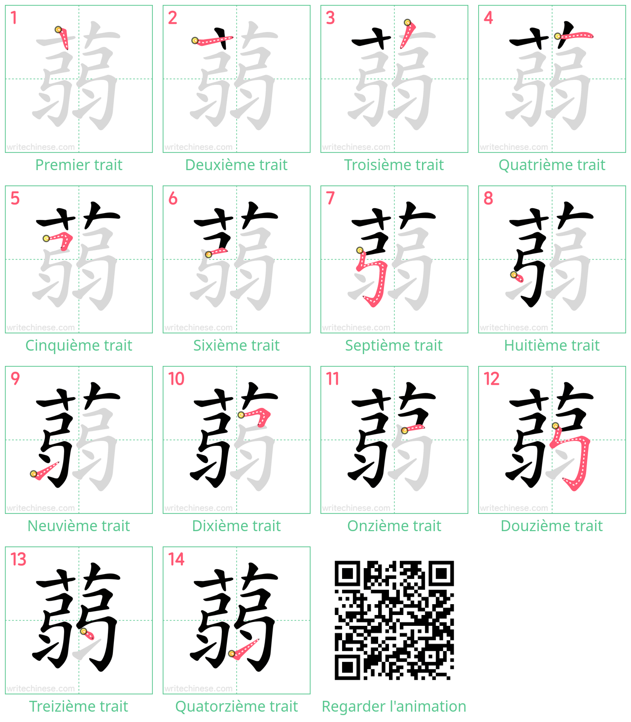 Diagrammes d'ordre des traits étape par étape pour le caractère 蒻