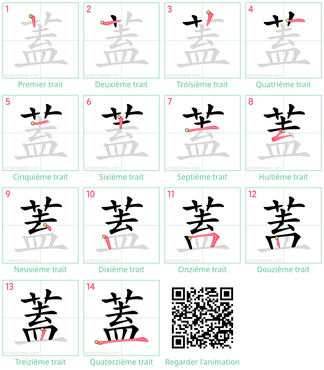 Diagrammes d'ordre des traits étape par étape pour le caractère 蓋