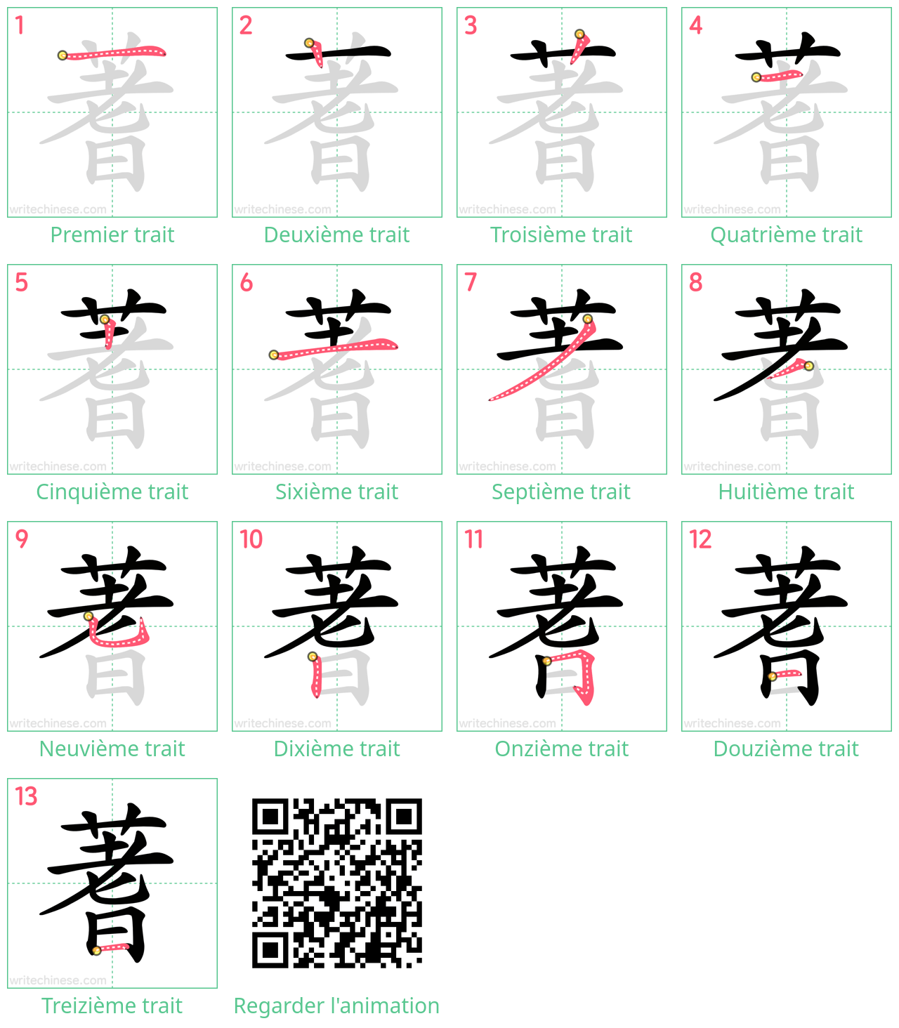 Diagrammes d'ordre des traits étape par étape pour le caractère 蓍