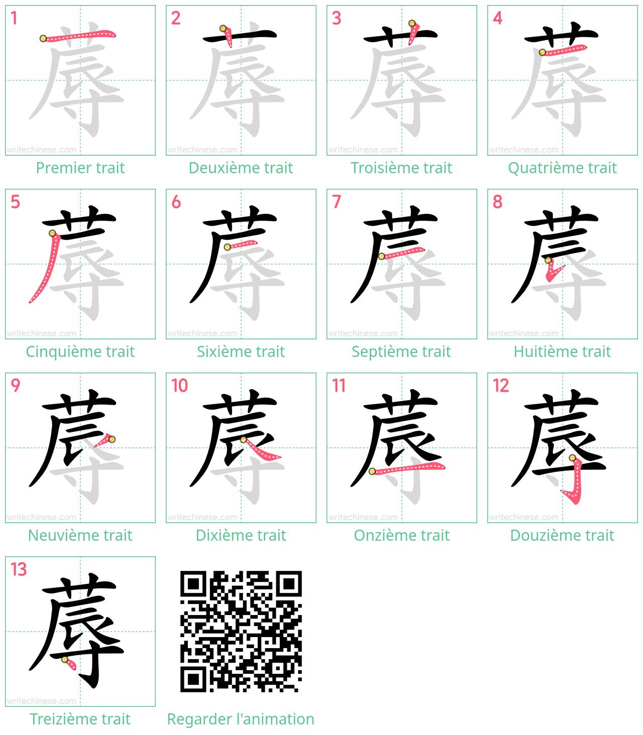 Diagrammes d'ordre des traits étape par étape pour le caractère 蓐