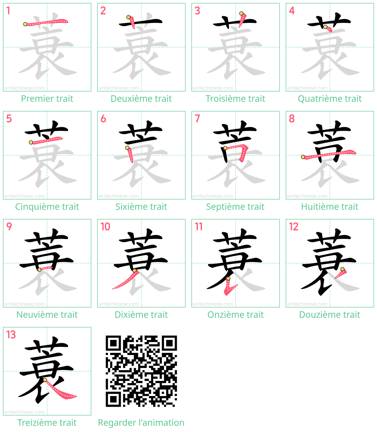 Diagrammes d'ordre des traits étape par étape pour le caractère 蓑