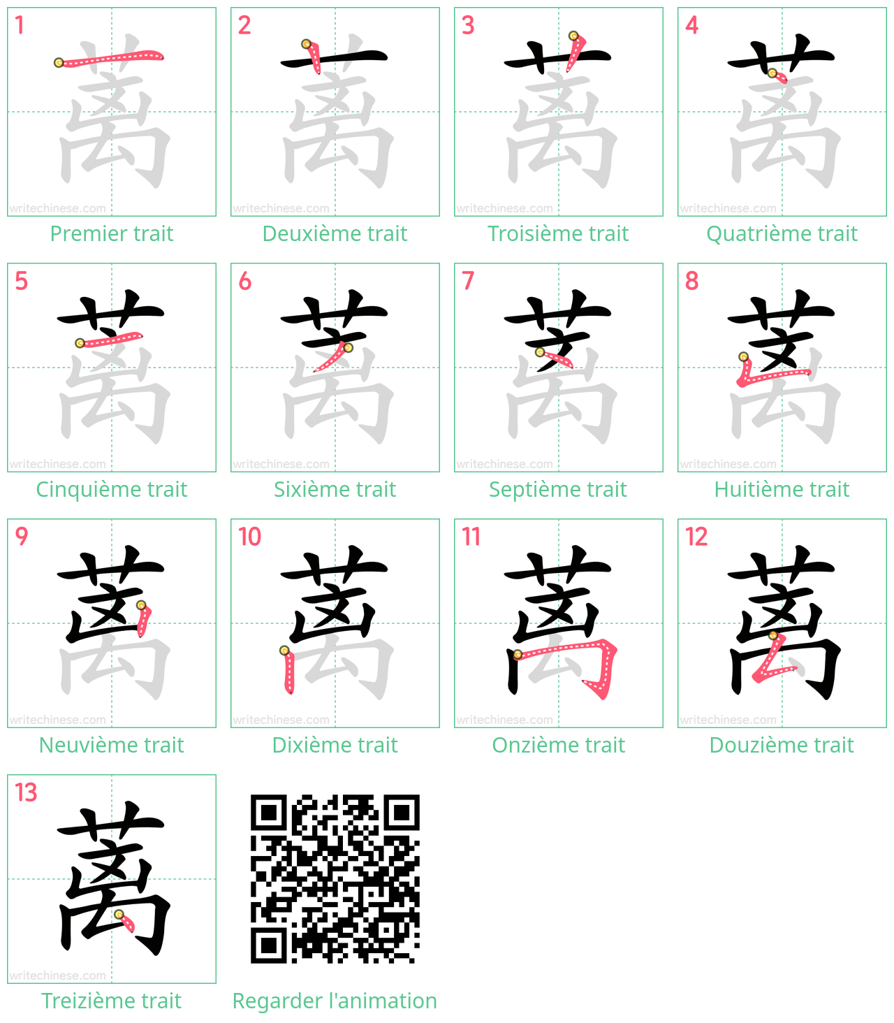 Diagrammes d'ordre des traits étape par étape pour le caractère 蓠