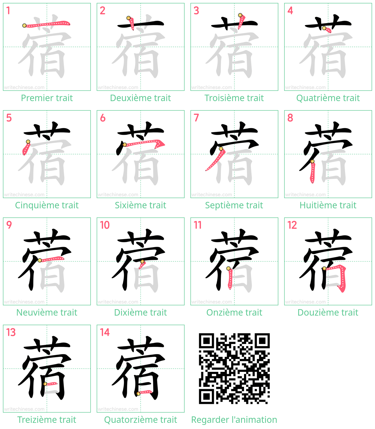 Diagrammes d'ordre des traits étape par étape pour le caractère 蓿