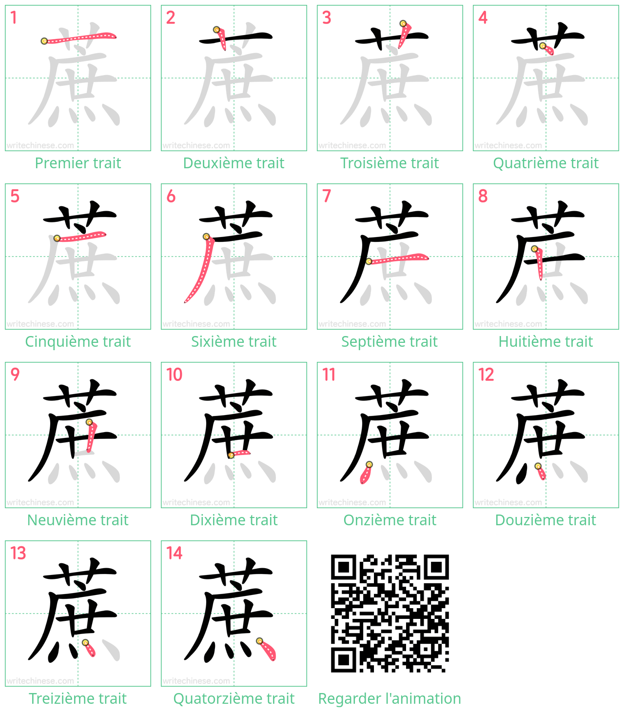 Diagrammes d'ordre des traits étape par étape pour le caractère 蔗