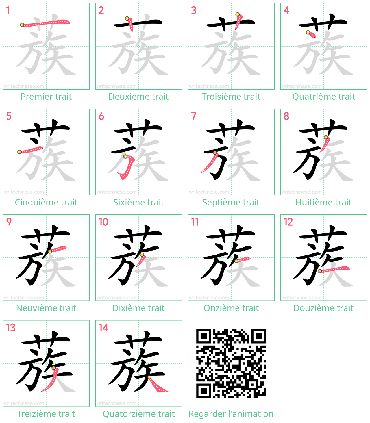 Diagrammes d'ordre des traits étape par étape pour le caractère 蔟