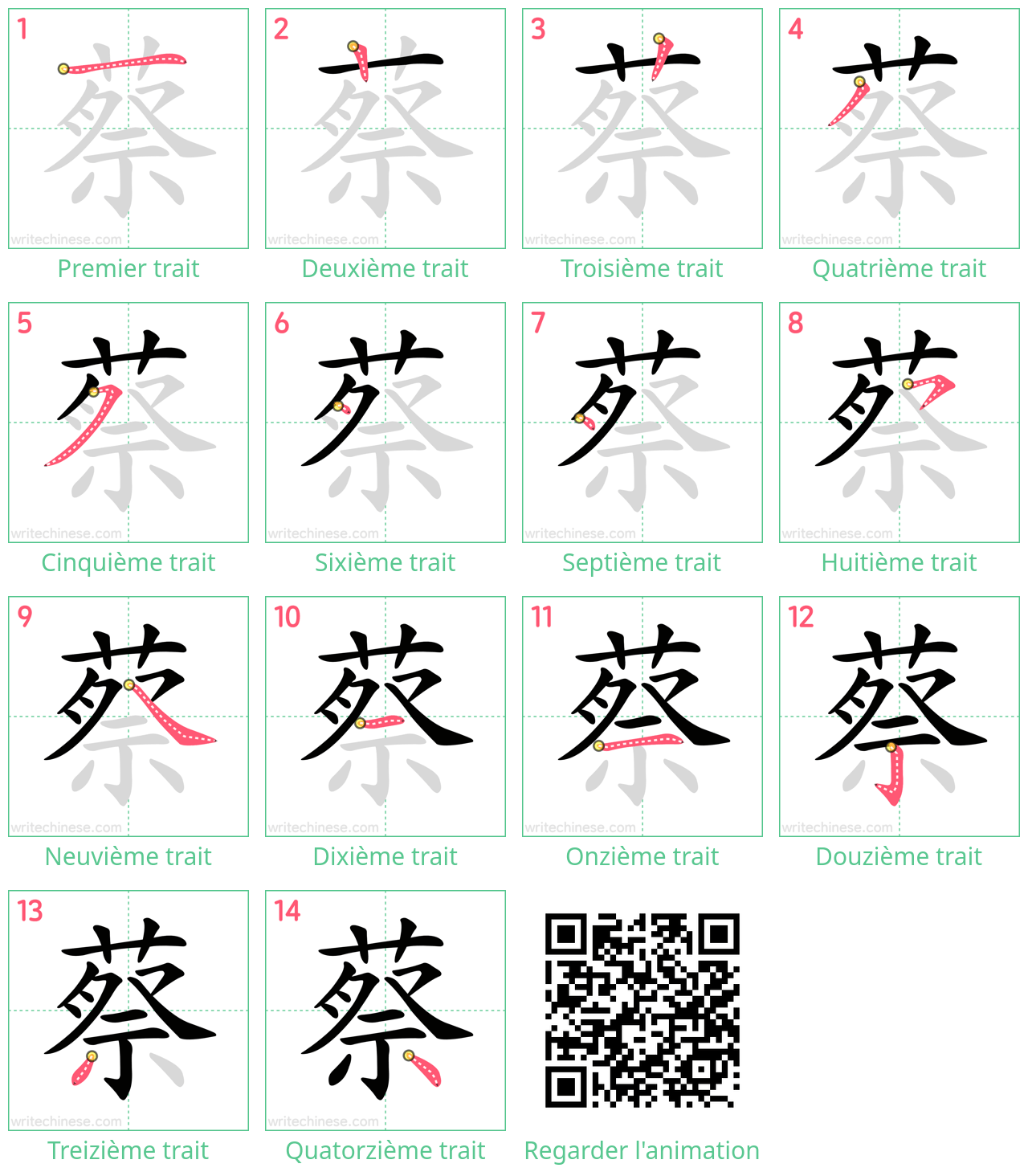 Diagrammes d'ordre des traits étape par étape pour le caractère 蔡