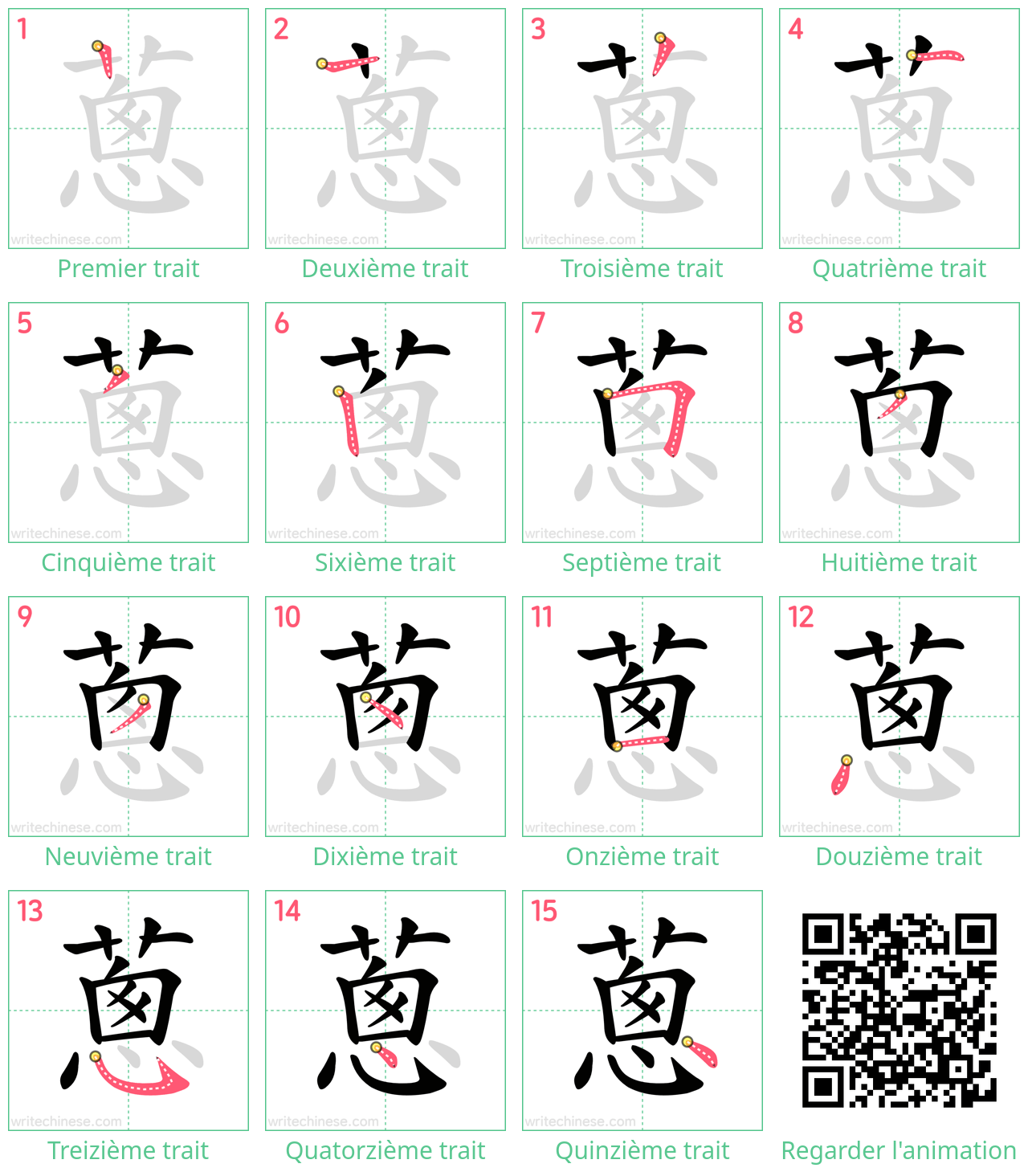 Diagrammes d'ordre des traits étape par étape pour le caractère 蔥