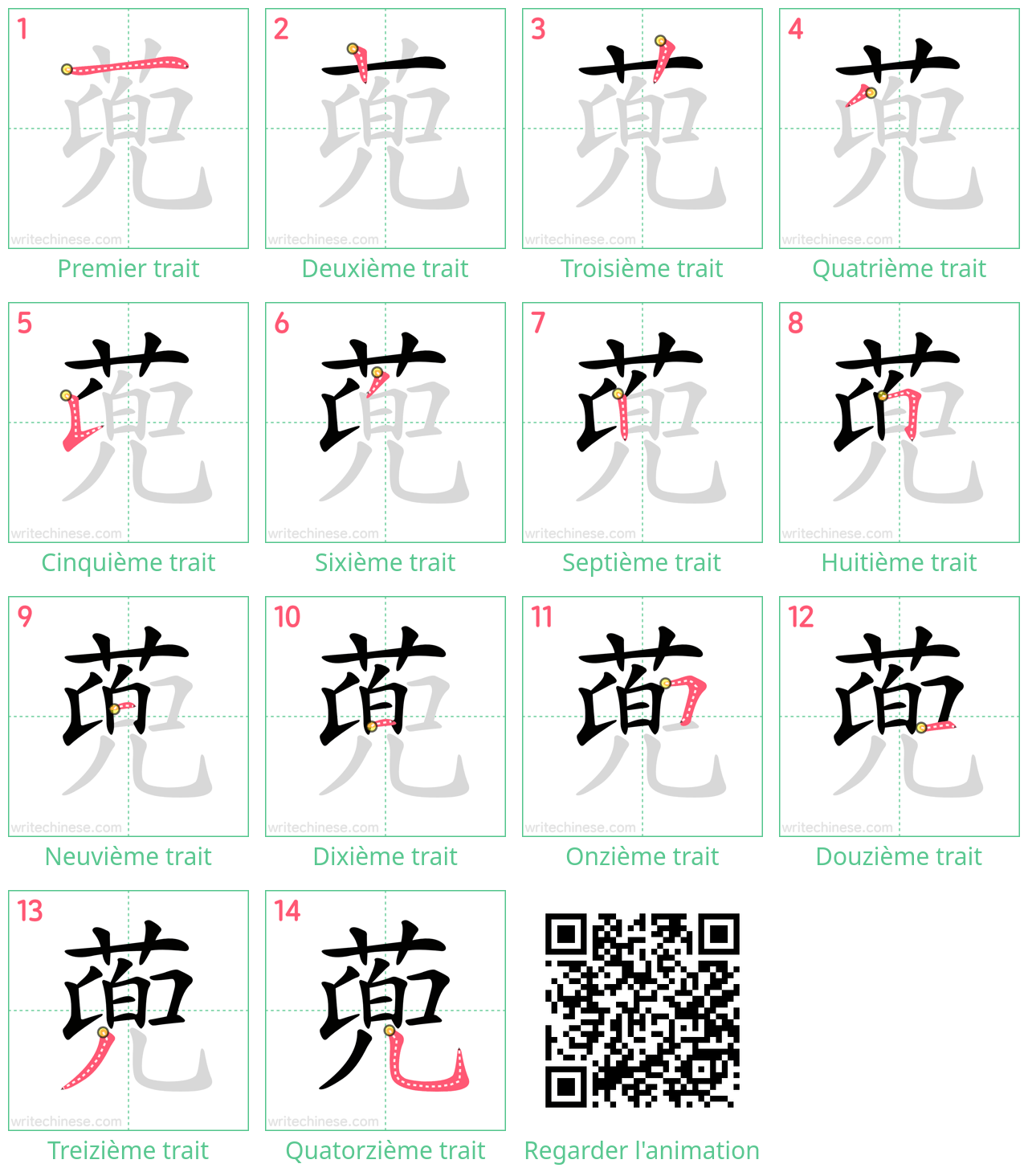 Diagrammes d'ordre des traits étape par étape pour le caractère 蔸