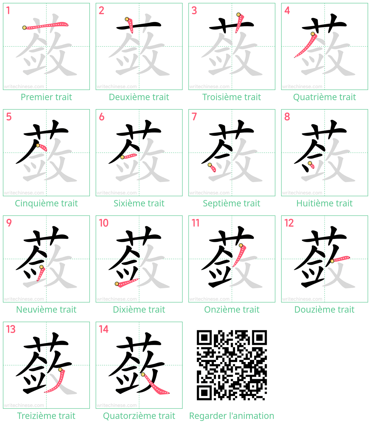 Diagrammes d'ordre des traits étape par étape pour le caractère 蔹