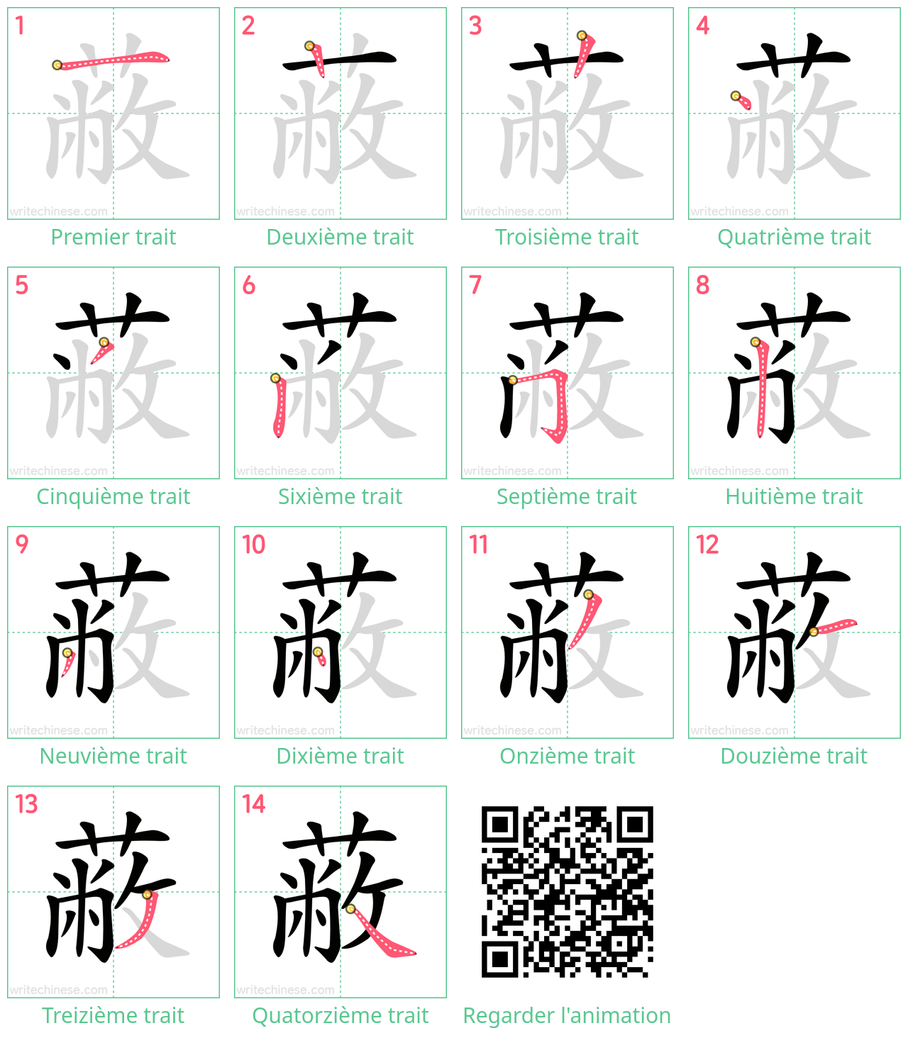 Diagrammes d'ordre des traits étape par étape pour le caractère 蔽