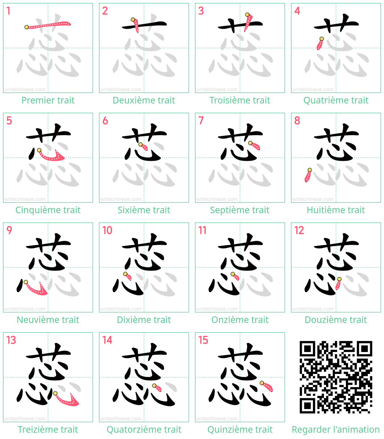Diagrammes d'ordre des traits étape par étape pour le caractère 蕊