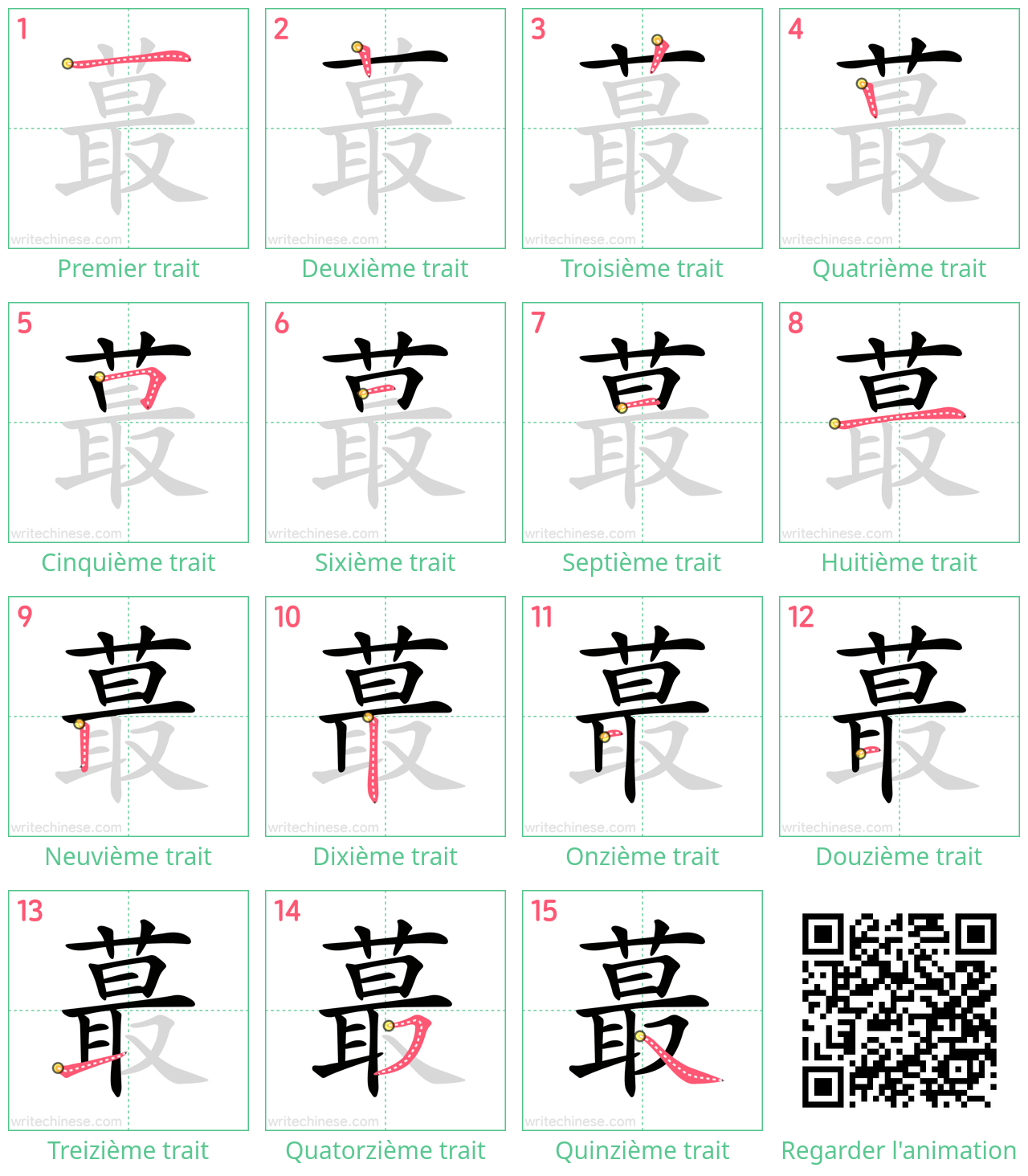 Diagrammes d'ordre des traits étape par étape pour le caractère 蕞