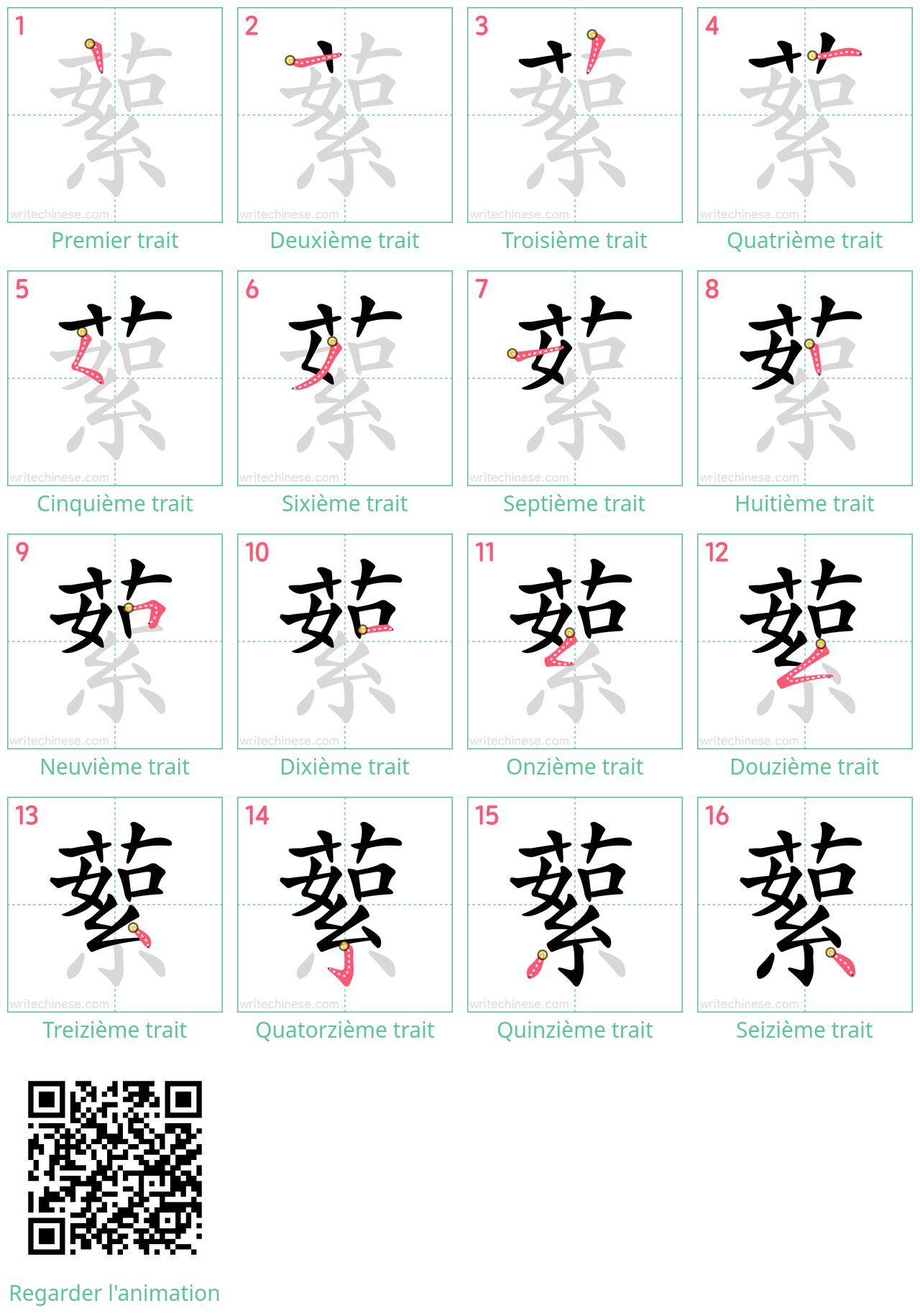 Diagrammes d'ordre des traits étape par étape pour le caractère 蕠