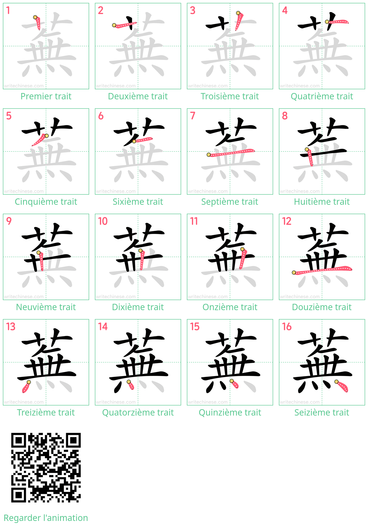 Diagrammes d'ordre des traits étape par étape pour le caractère 蕪