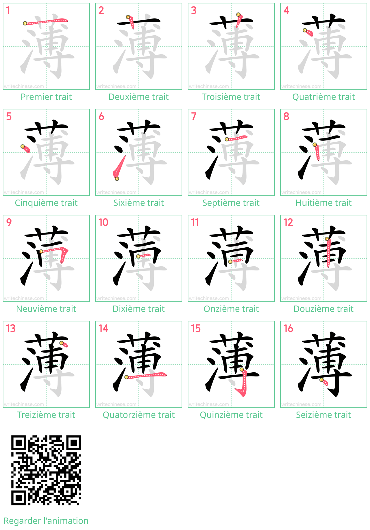 Diagrammes d'ordre des traits étape par étape pour le caractère 薄