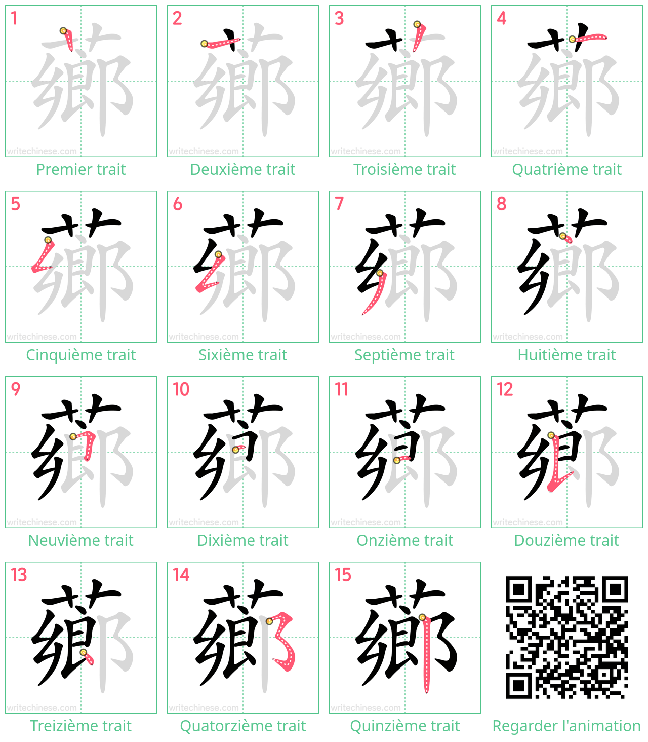 Diagrammes d'ordre des traits étape par étape pour le caractère 薌