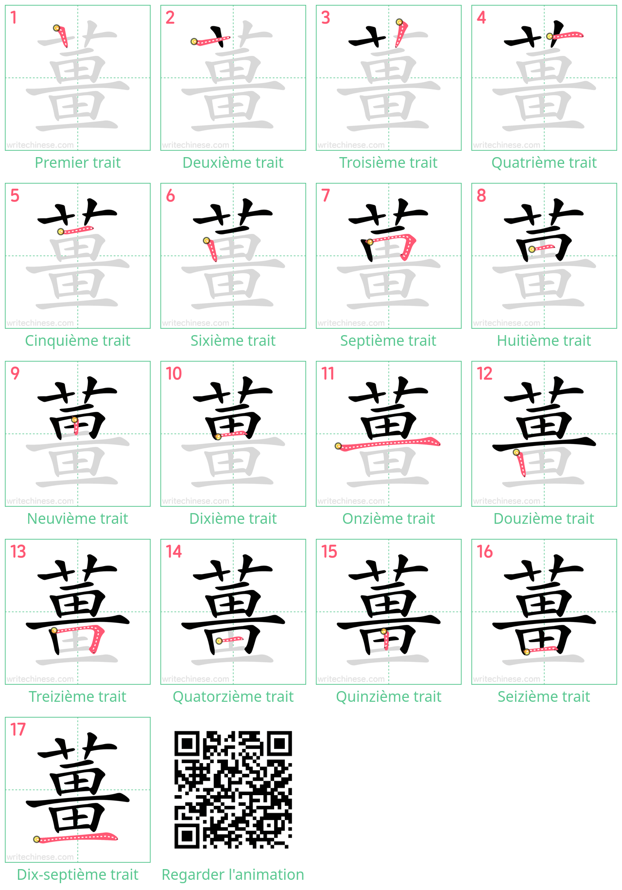 Diagrammes d'ordre des traits étape par étape pour le caractère 薑