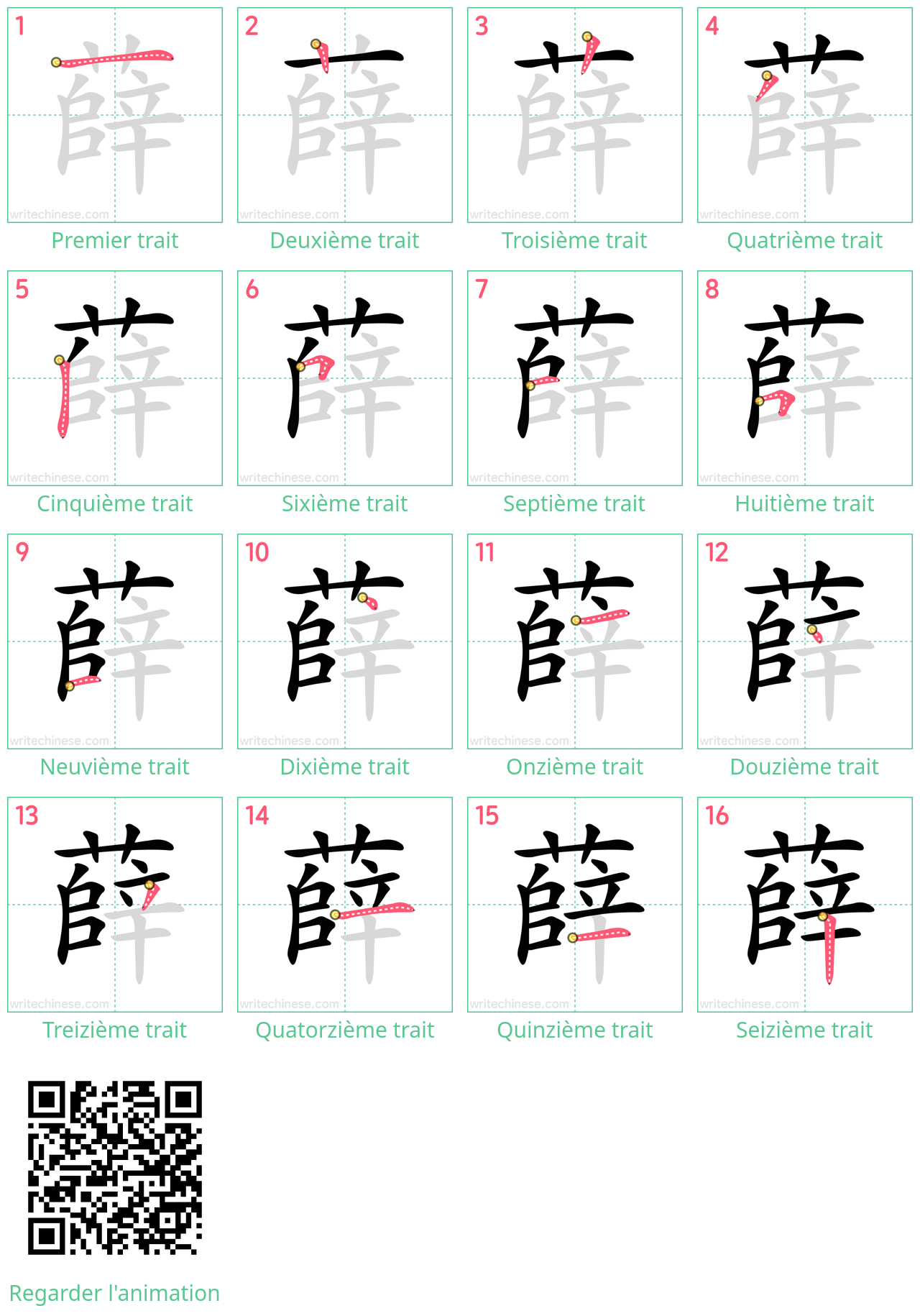 Diagrammes d'ordre des traits étape par étape pour le caractère 薛