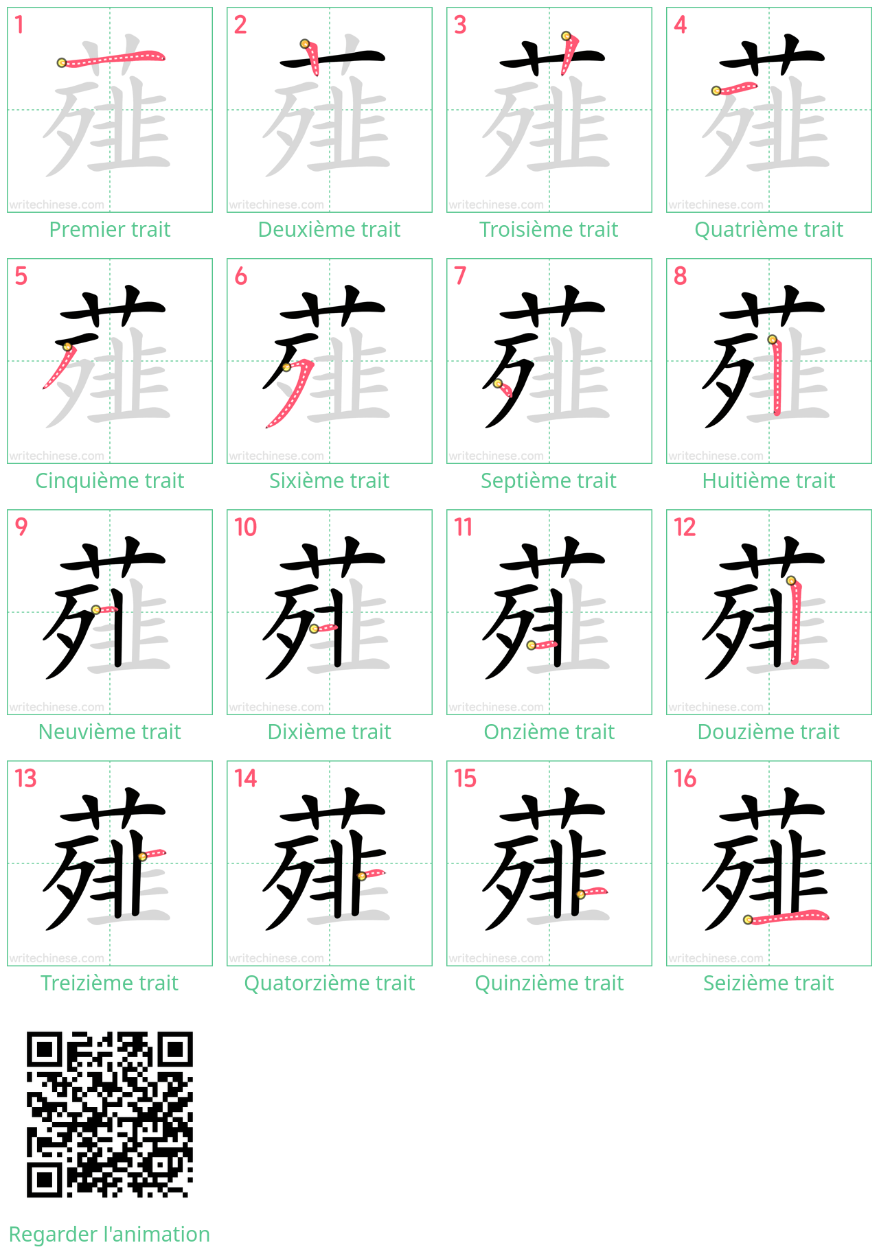 Diagrammes d'ordre des traits étape par étape pour le caractère 薤