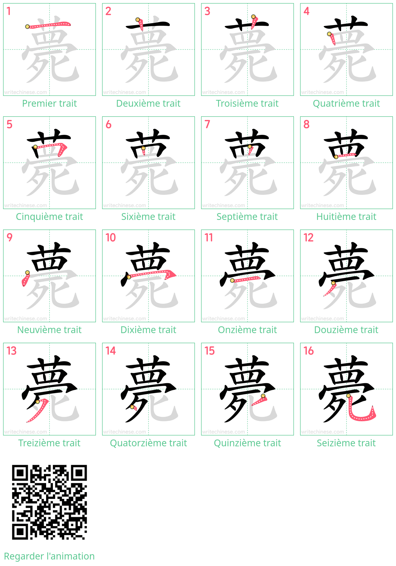 Diagrammes d'ordre des traits étape par étape pour le caractère 薨