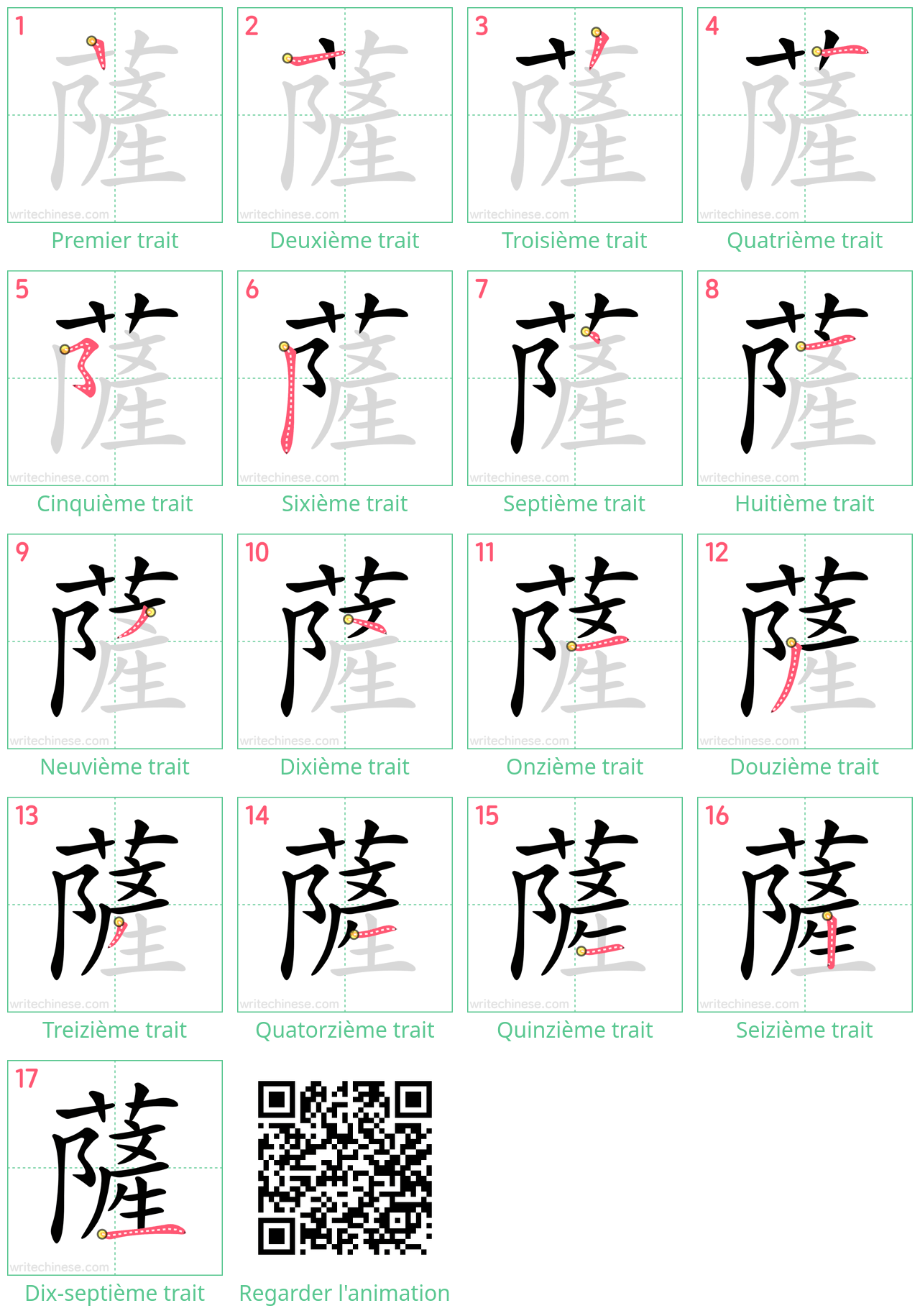 Diagrammes d'ordre des traits étape par étape pour le caractère 薩