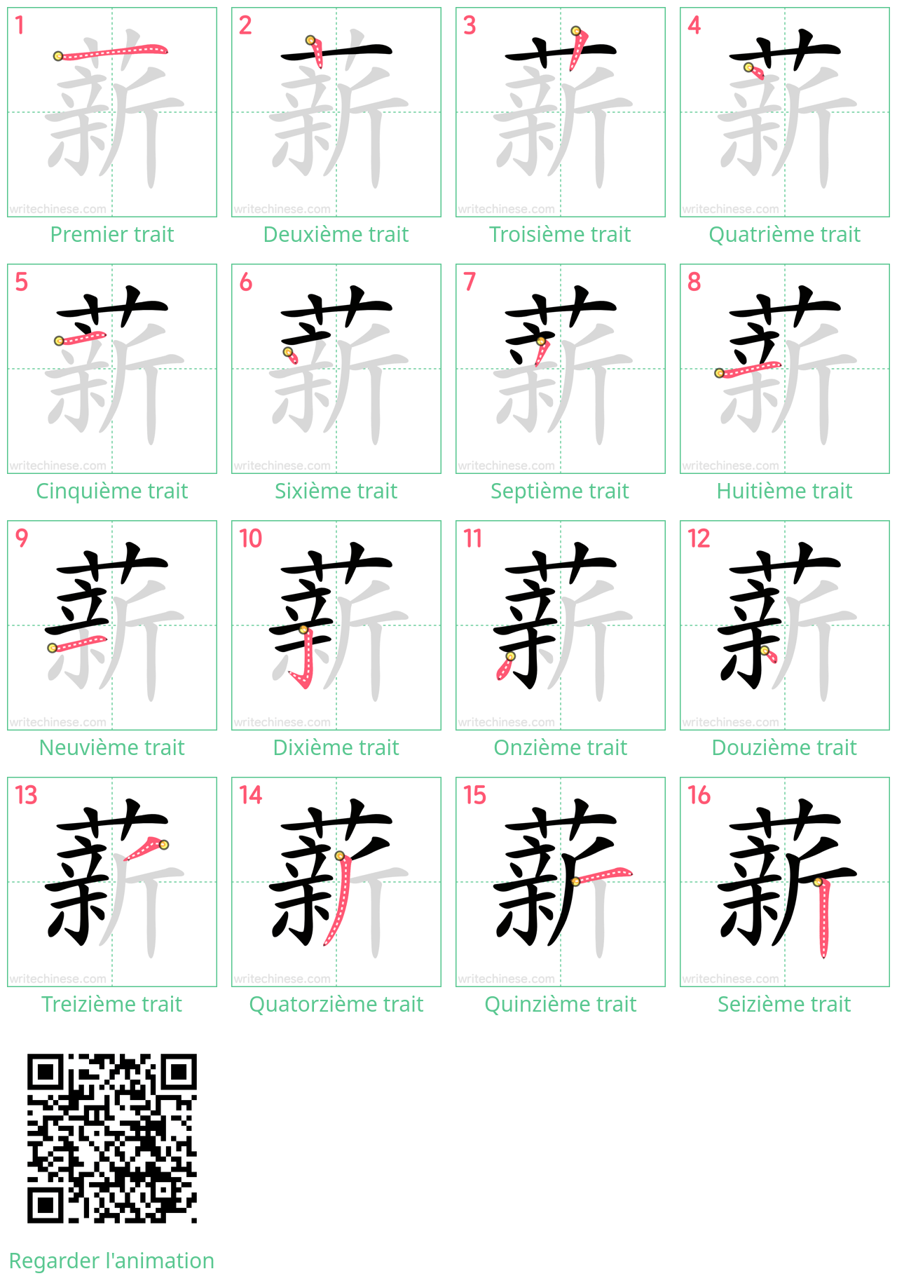 Diagrammes d'ordre des traits étape par étape pour le caractère 薪