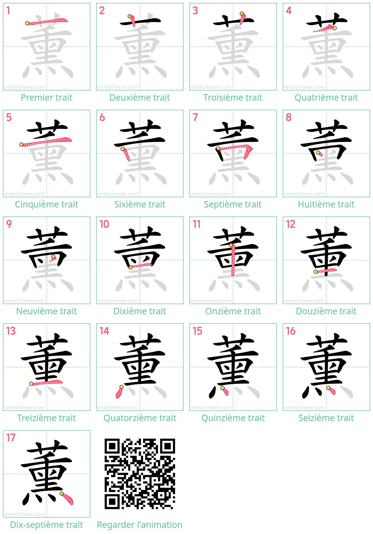Diagrammes d'ordre des traits étape par étape pour le caractère 薰
