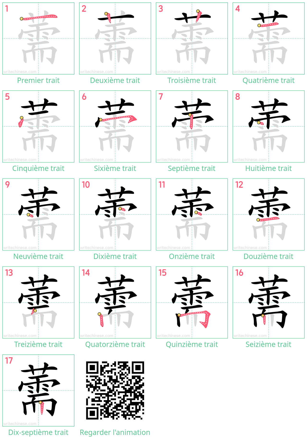 Diagrammes d'ordre des traits étape par étape pour le caractère 薷