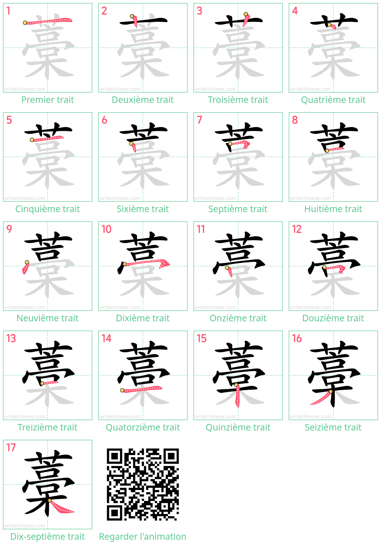 Diagrammes d'ordre des traits étape par étape pour le caractère 藁