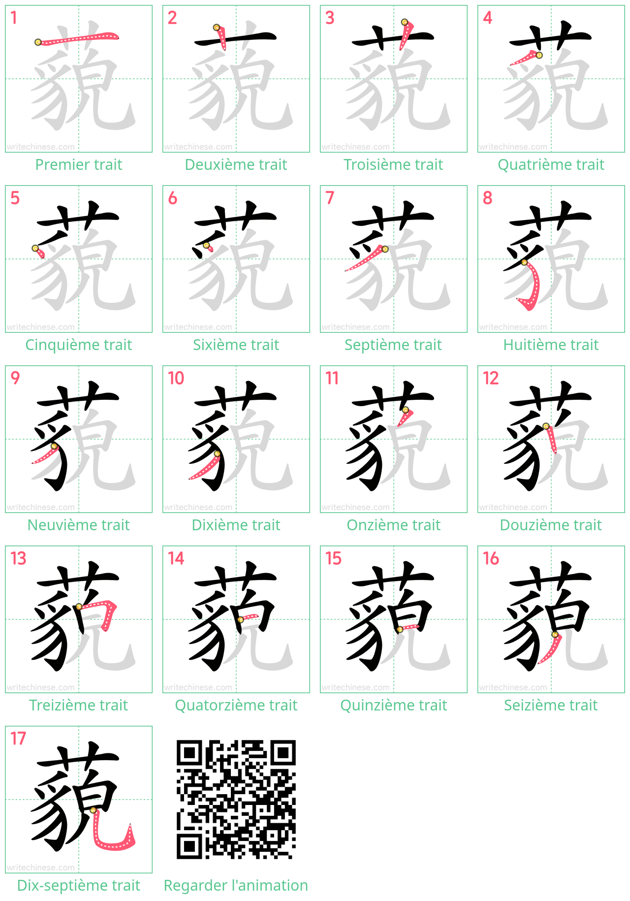 Diagrammes d'ordre des traits étape par étape pour le caractère 藐