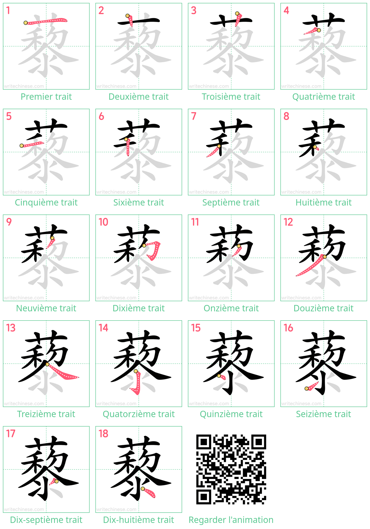 Diagrammes d'ordre des traits étape par étape pour le caractère 藜