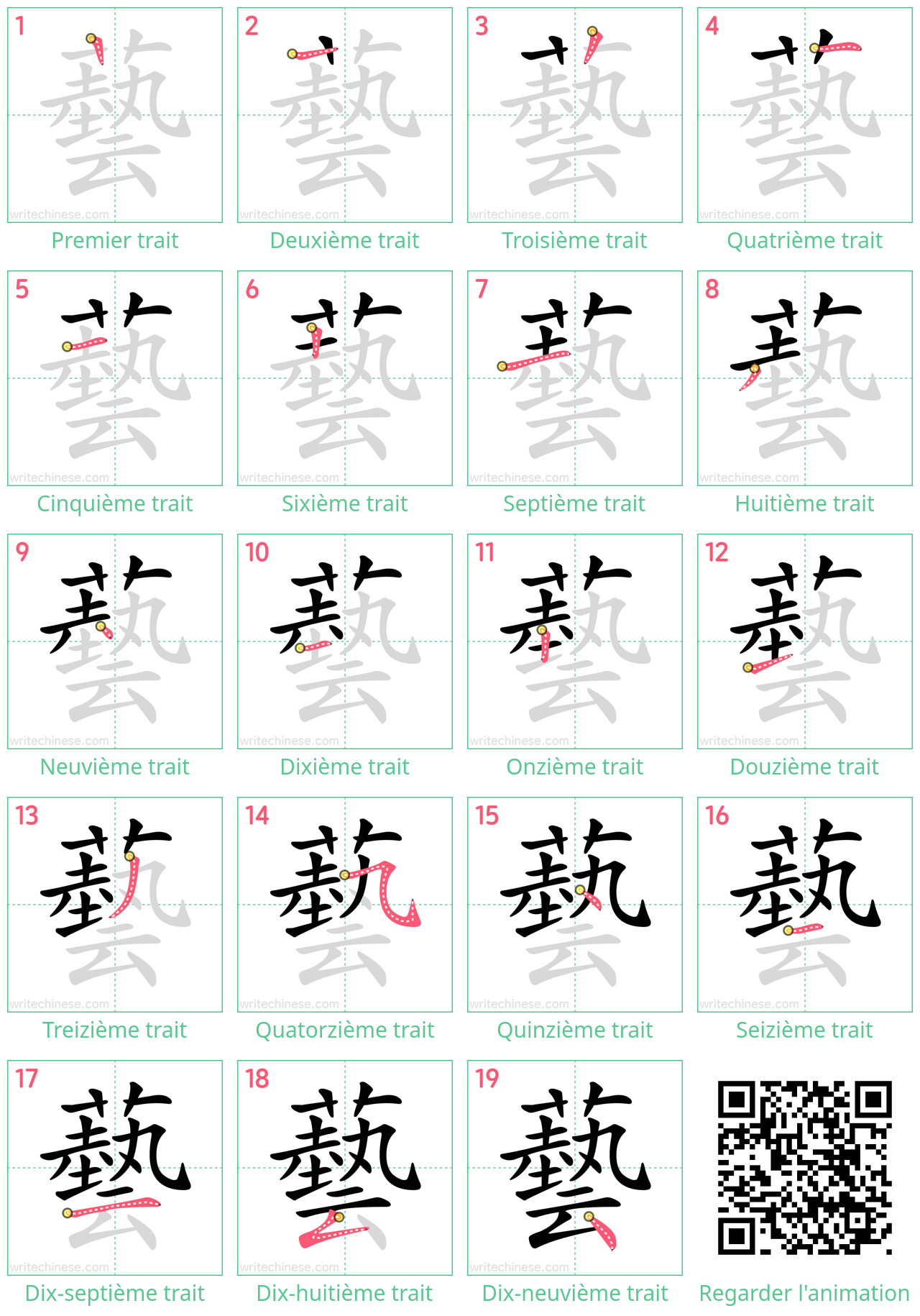 Diagrammes d'ordre des traits étape par étape pour le caractère 藝