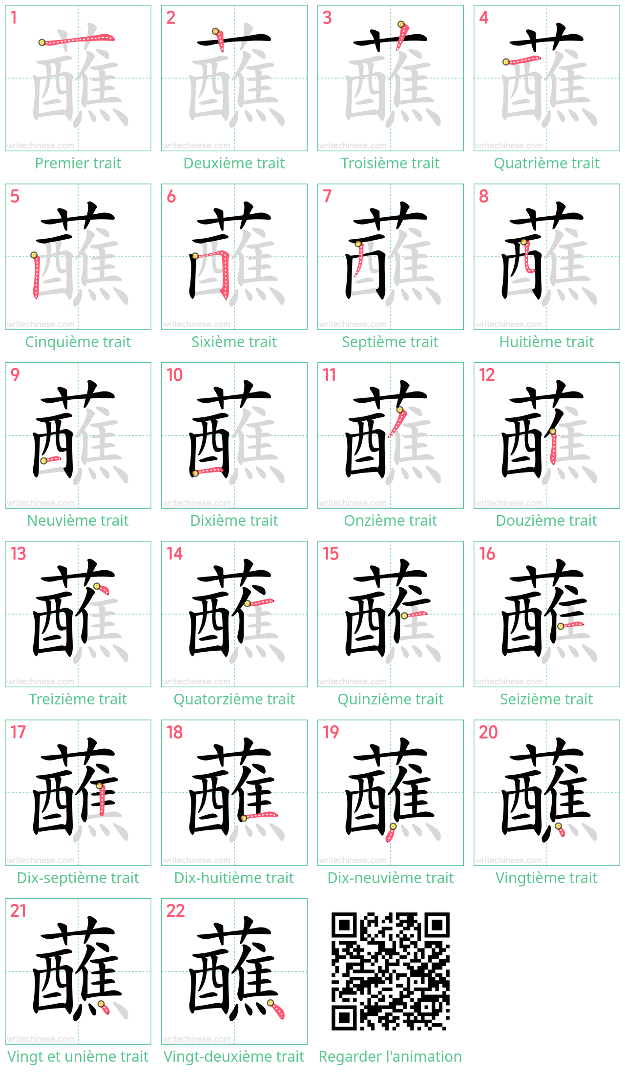 Diagrammes d'ordre des traits étape par étape pour le caractère 蘸